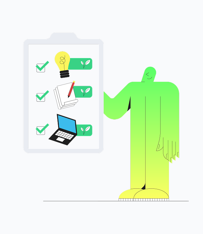 Una figura stilizzata illustrata che tiene in mano un foglio con delle caselle spuntate, simbolo di efficienza, pianificazione e attenzione ai dettagli per la sostenibilità.