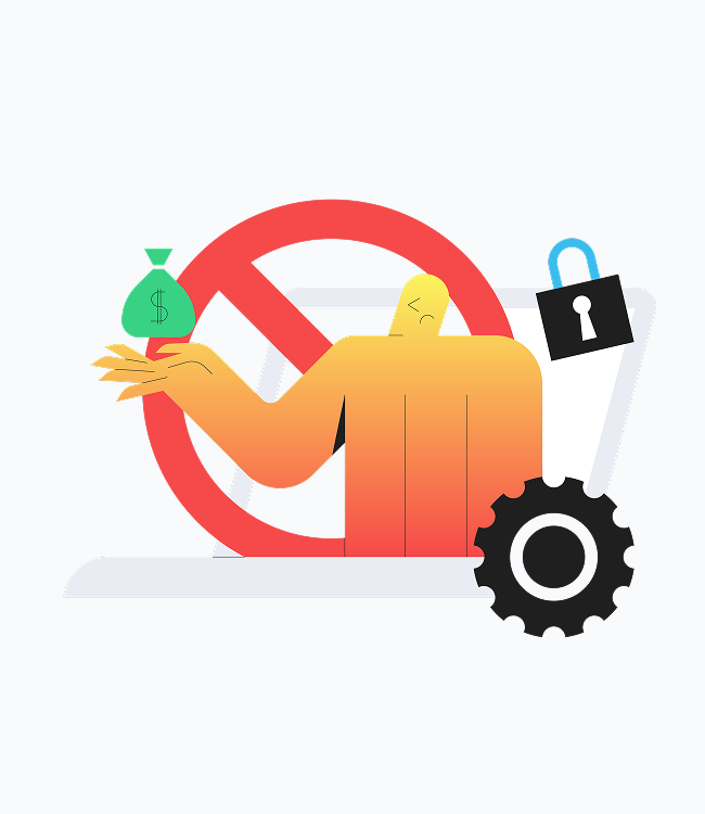 Una figura stilizzata illustrata che interagisce con simboli di denaro e sicurezza, rappresentando il concetto di protezione e gestione responsabile delle risorse per la prevenzione alla corruzione.