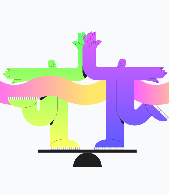 Due figure stilizzate illustrate, colorate in verde e viola, che si uniscono con un nastro fluido che rappresenta la parità di genere