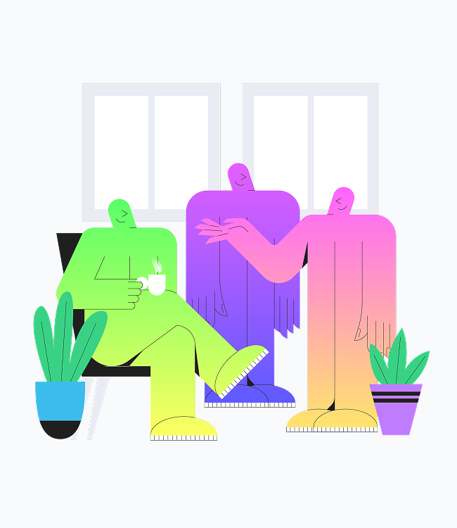 Tre figure stilizzate illustrate che interagiscono in un ambiente interno e conviviale, trasmettendo un senso di collaborazione e etica del lavoro.