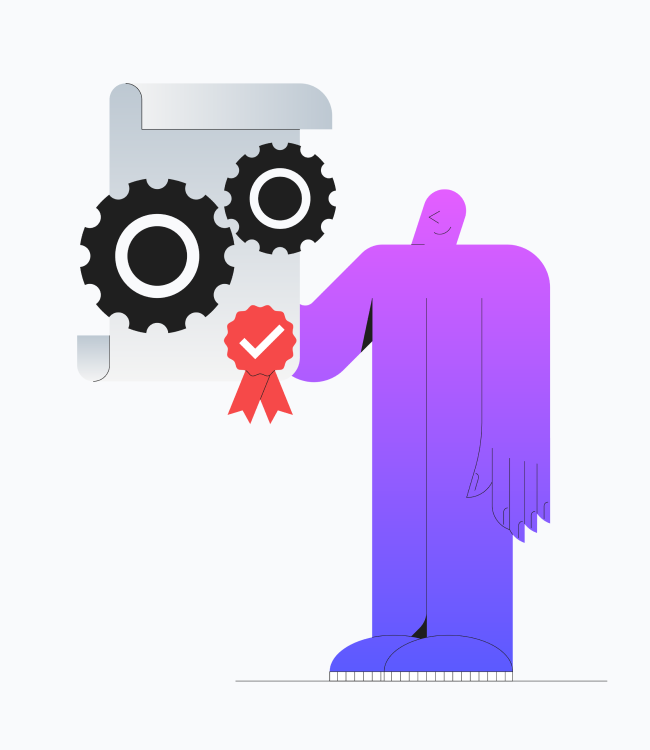 Una figura stilizzata illustrata che tiene in mano un documento con ingranaggi e un distintivo di qualità, simbolo di approvazione e certificazione