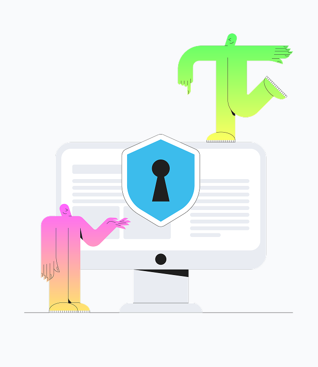 Una figura stilizzata illustrata che si trova sopra un computer con un lucchetto sopra lo schermo, rappresentando la sicurezza e la protezione dei dati online.