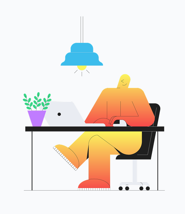 Una figura stilizzata illustrata che lavora al computer con una lampada sopra la scrivania, rappresentando un ambiente di lavoro produttivo e sostenibile.